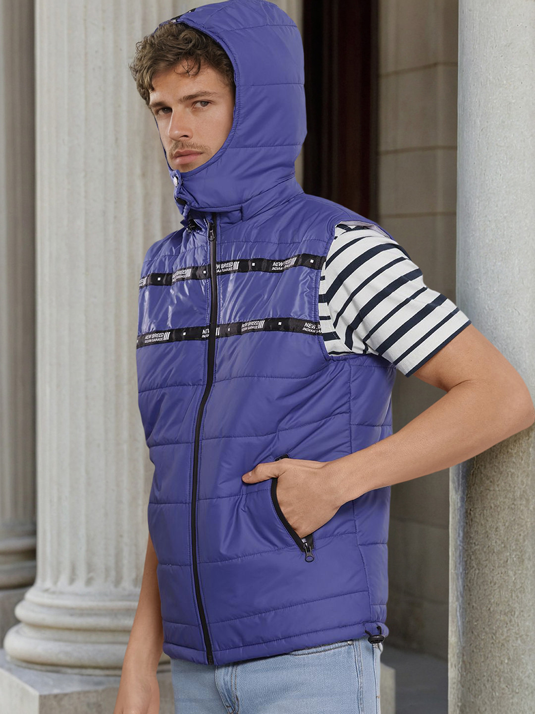 The Indian Garage Co Men Blue Solid Padded Detachable Hood Jacket