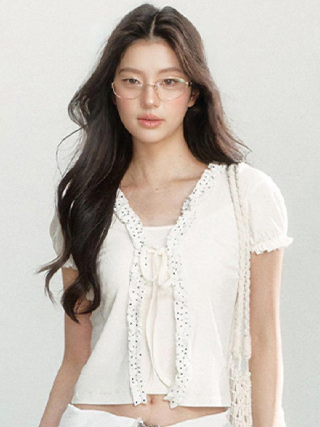 LULU & SKY Women Puff Sleeve Lace Frills Crop Top