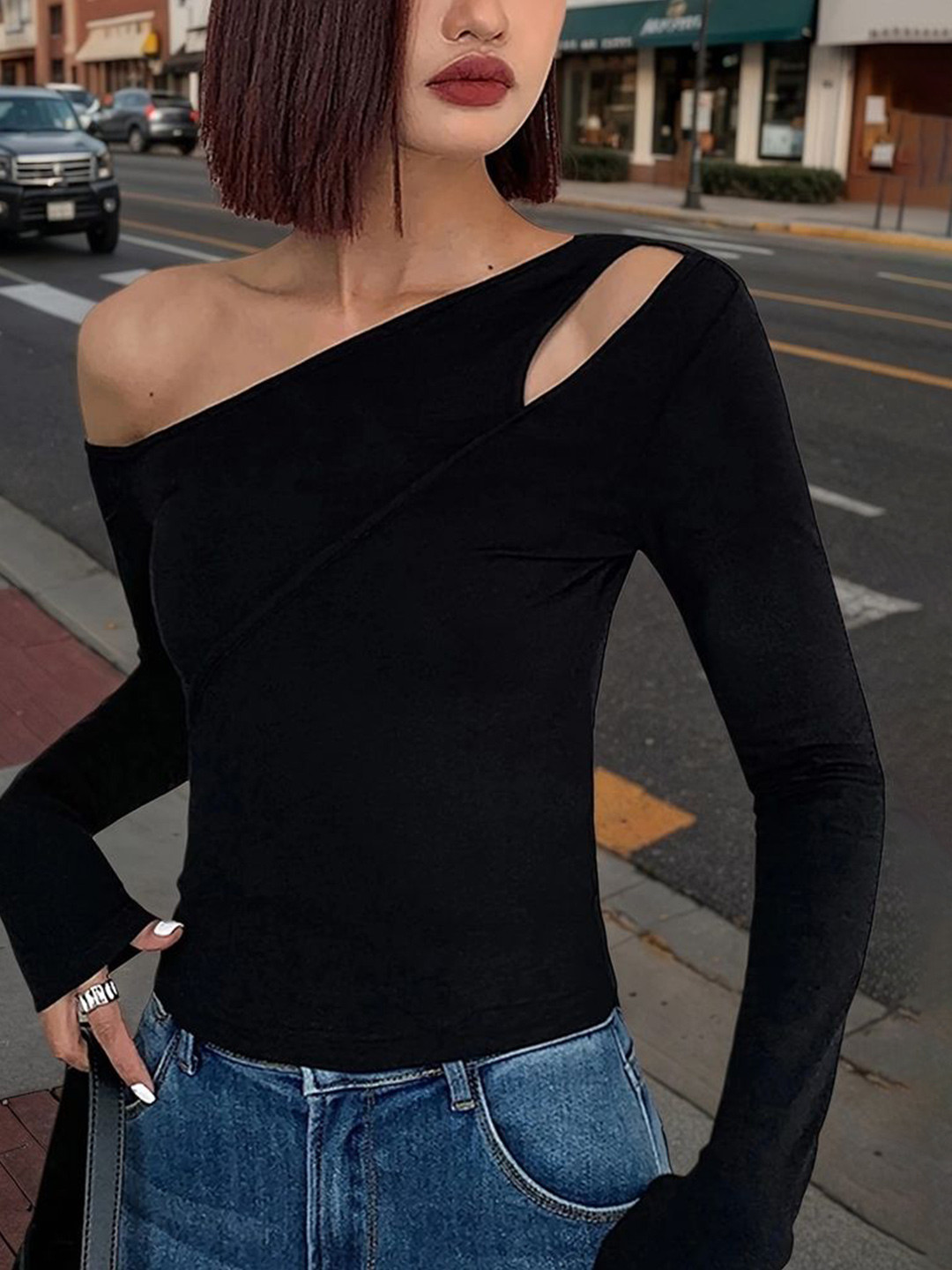 LULU & SKY Women One Shoulder Long Sleeve Top