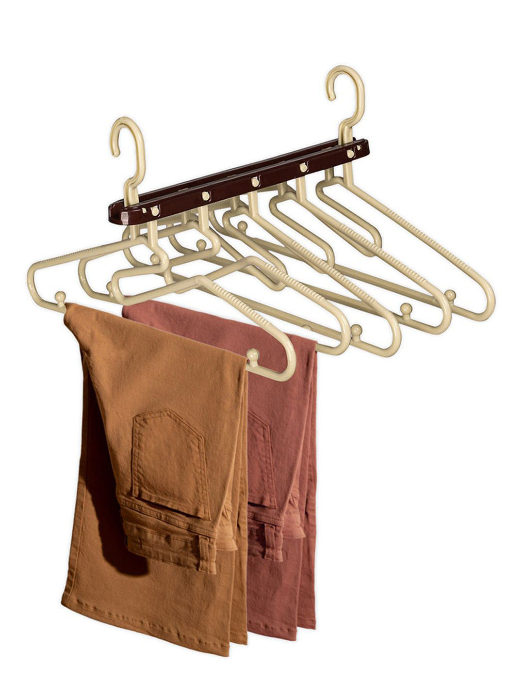 Kuber Industries Cream-Colored & Brown 5 in 1 Foldable Clothes Hanger