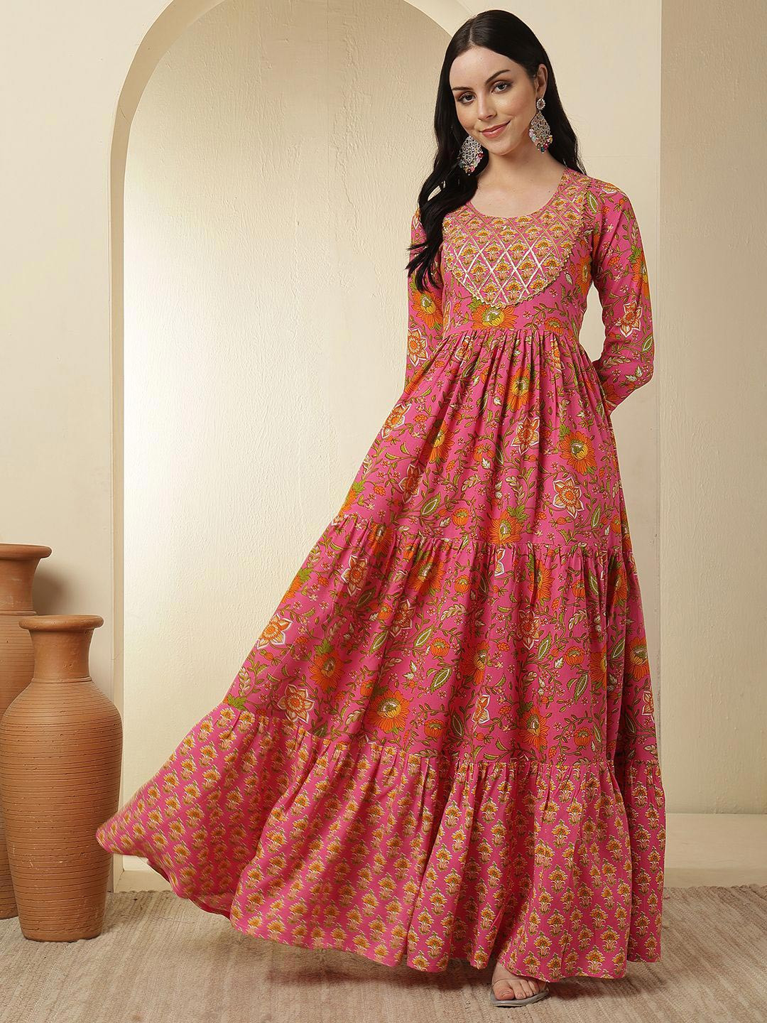 WOMENCLICK Women Floral Printed Tiered Anarkali Ankle Length Kurta