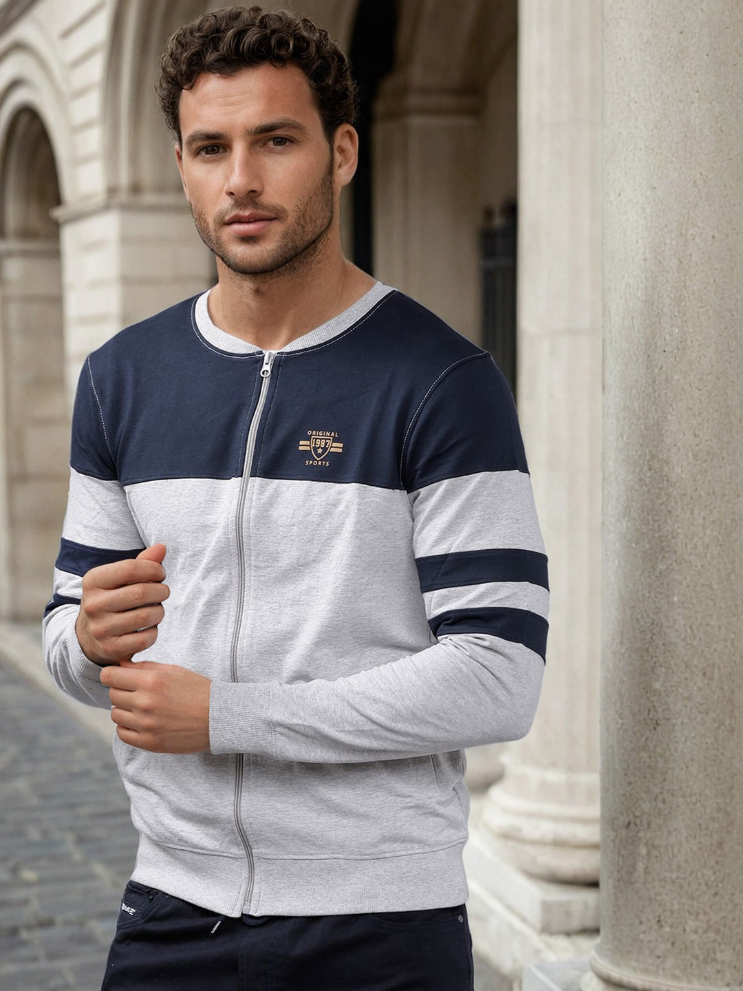 The Indian Garage Co Men Grey Melange & Navy Blue Colourblocked Sweatshirt