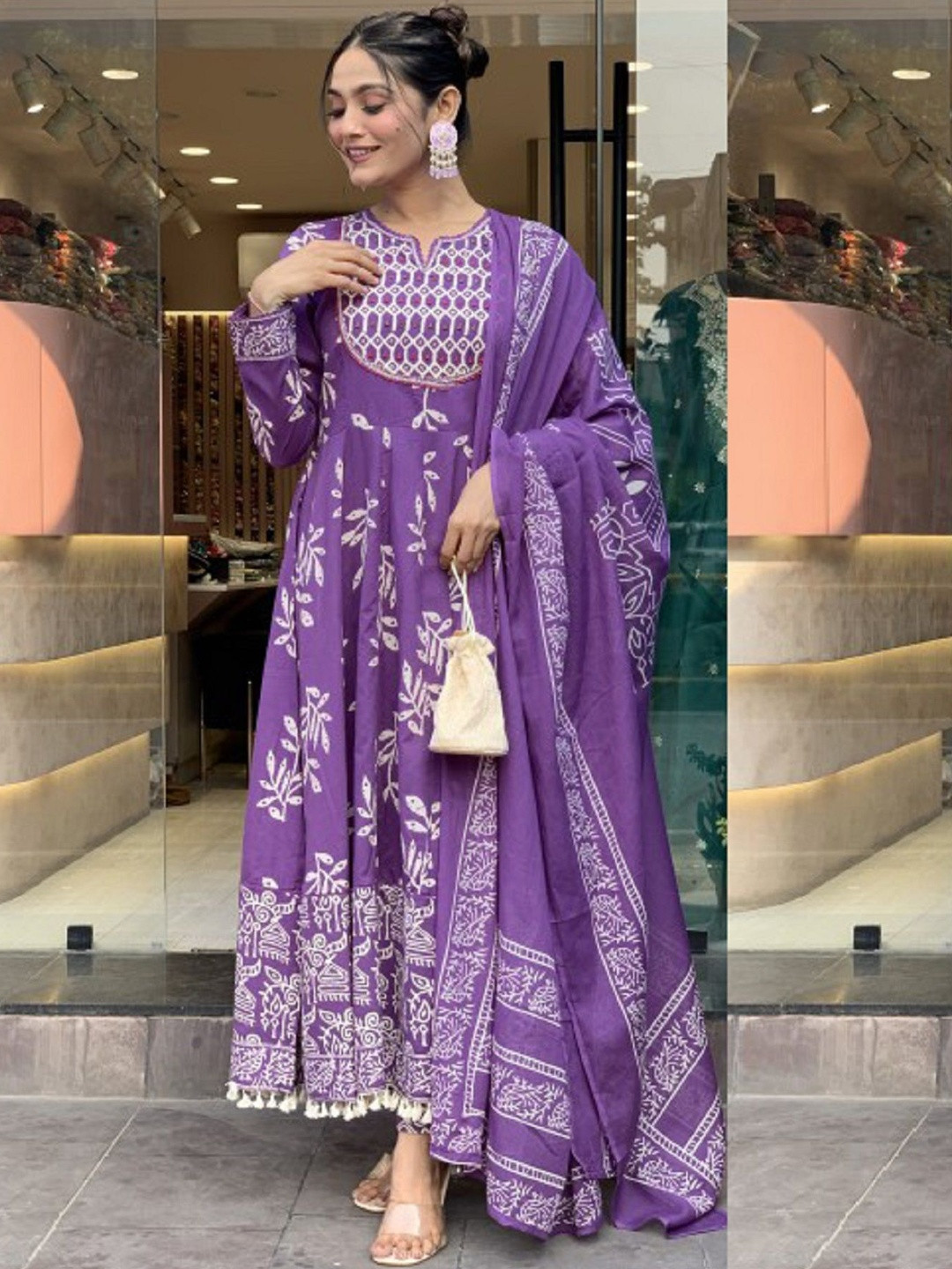 KALINI Women Viscose Printed Anarkali Kurta and Pant Set with Dupatta