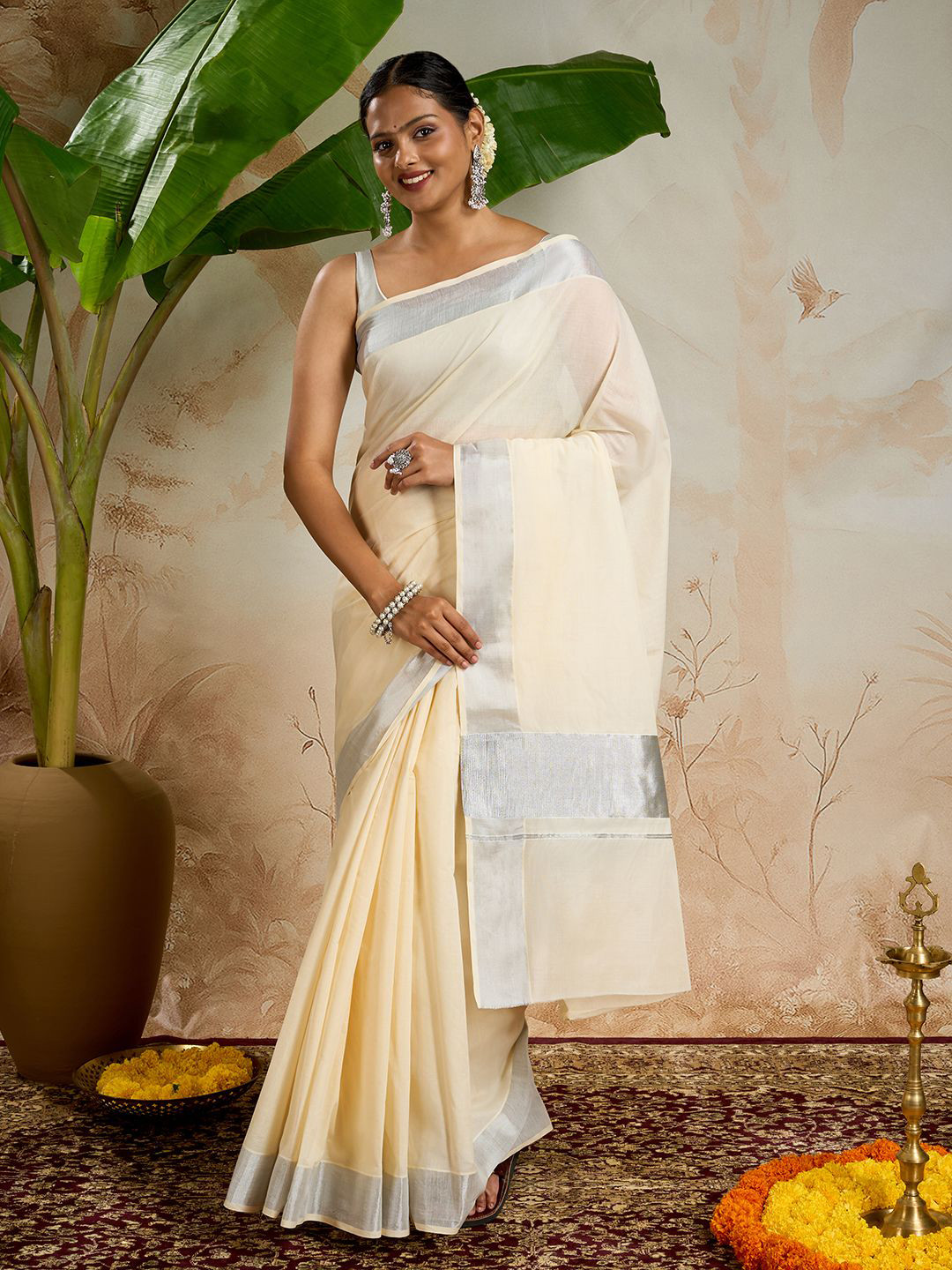TEEJH Vrishthi Pure Cotton Off White and Silver Kasavu Saree