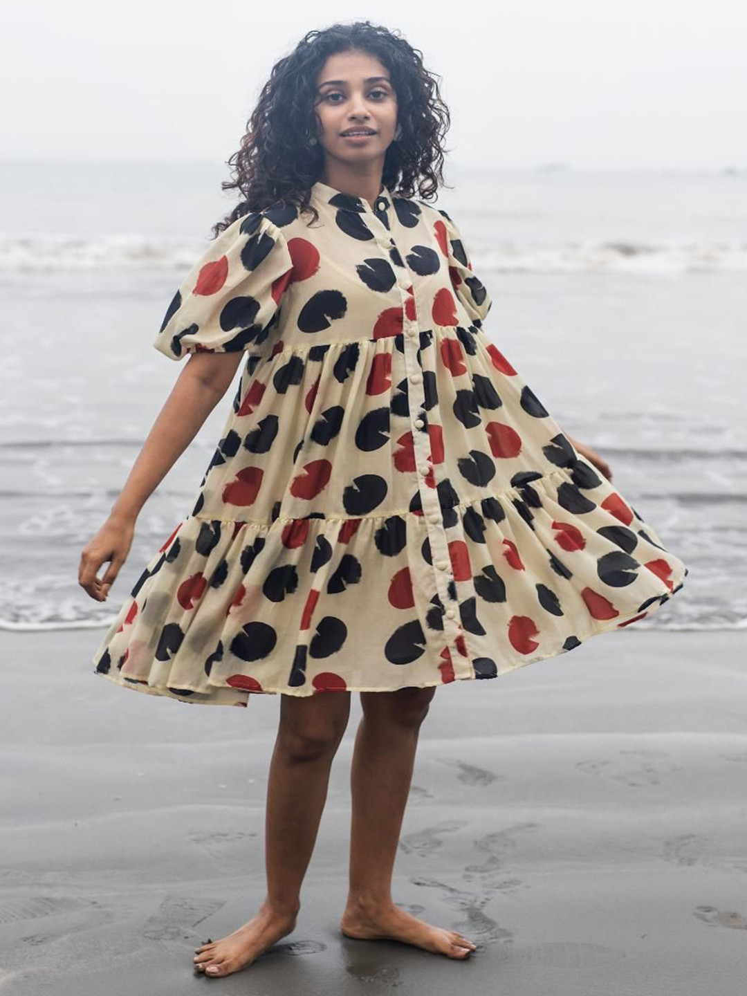 RAAS LIFE Women Polka Dot Flared Sleeve A-Line Dress