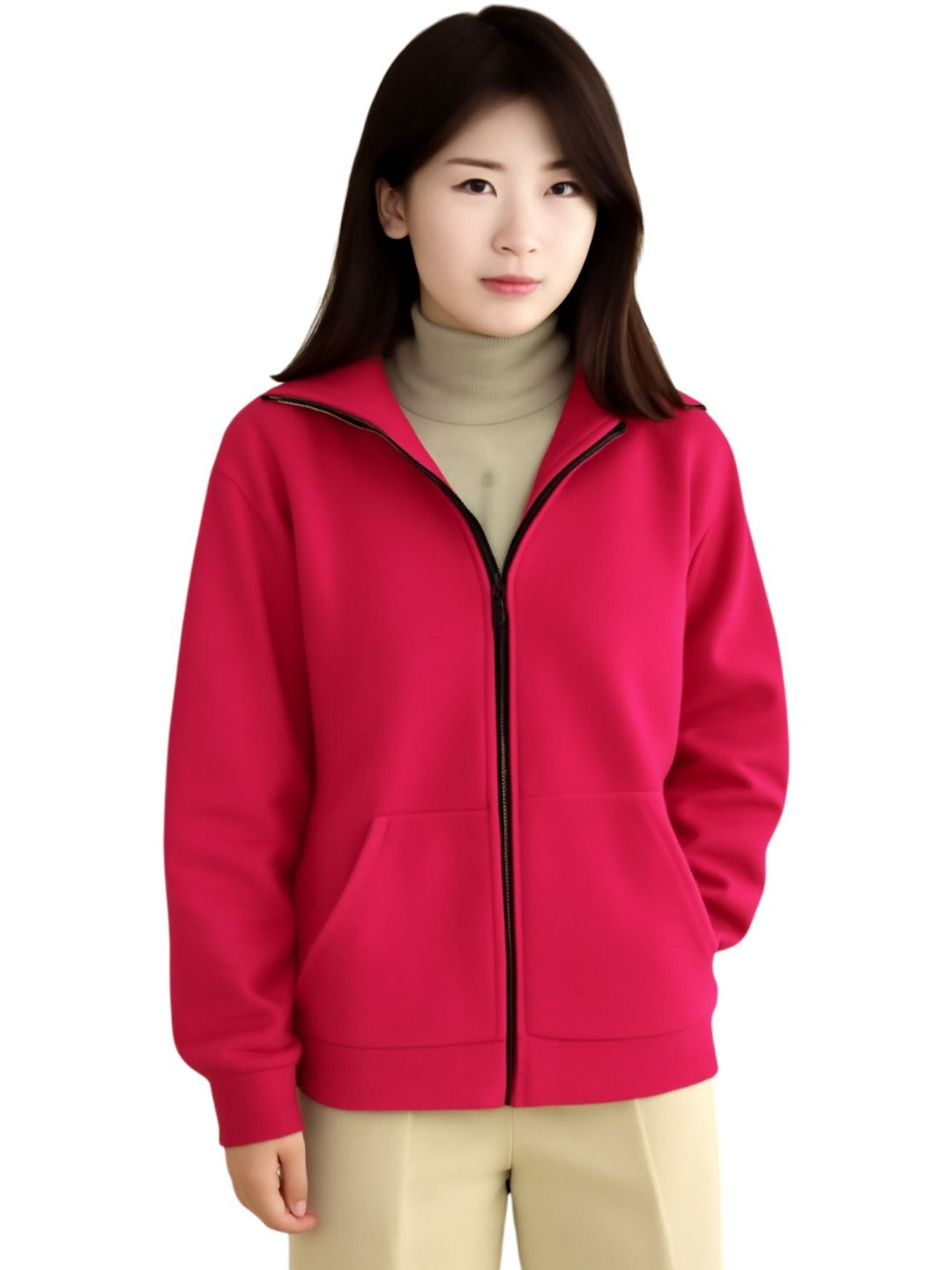 Kushi Flyer Women Pink Solid Zipper Fleece Tailored Hooded Jacket