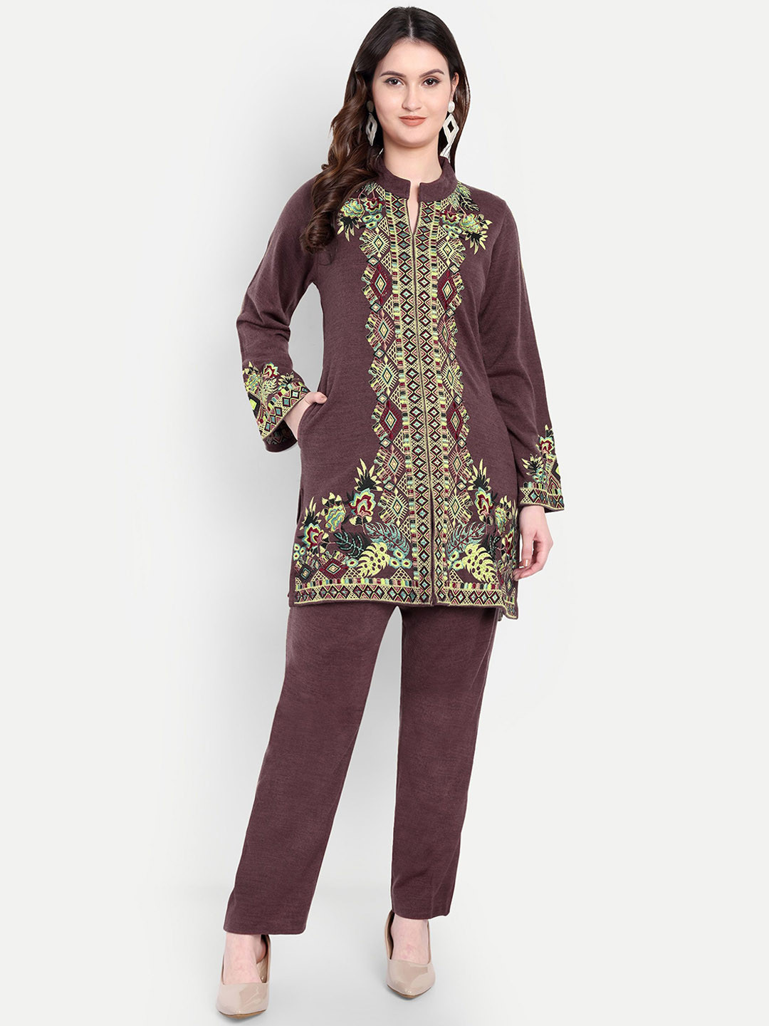 HAUTEMODA Embroidered Round Neck Tunic With Trousers