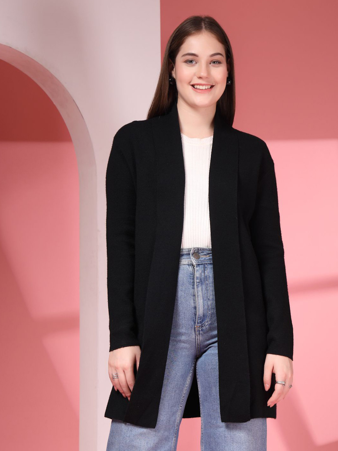 Thirty Threads Long Sleeves Open Front Longline Woollen Shrug