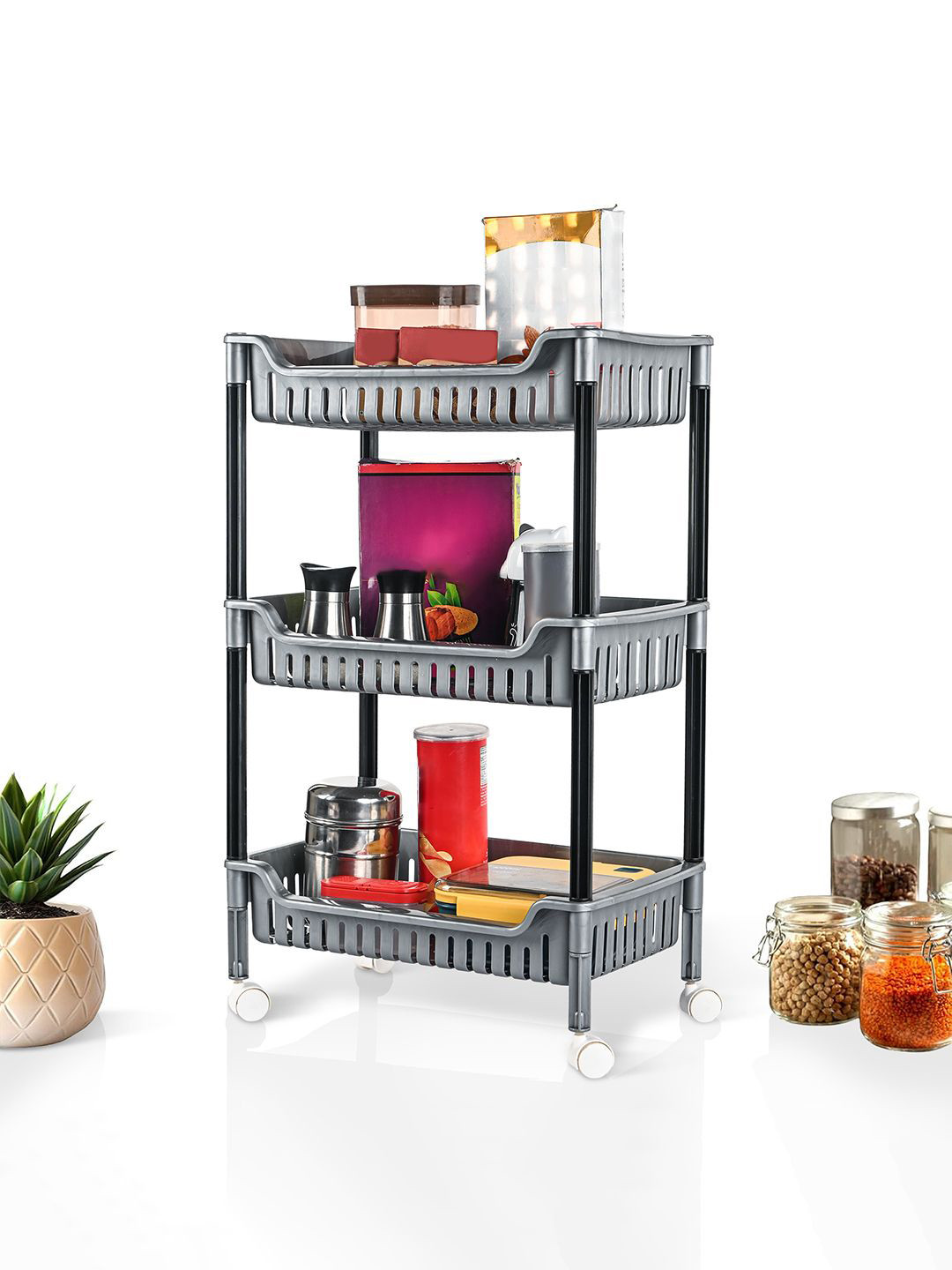 Kuber Industries Grey & Black 3 Layer Storage Trolley Organisers With Wheels