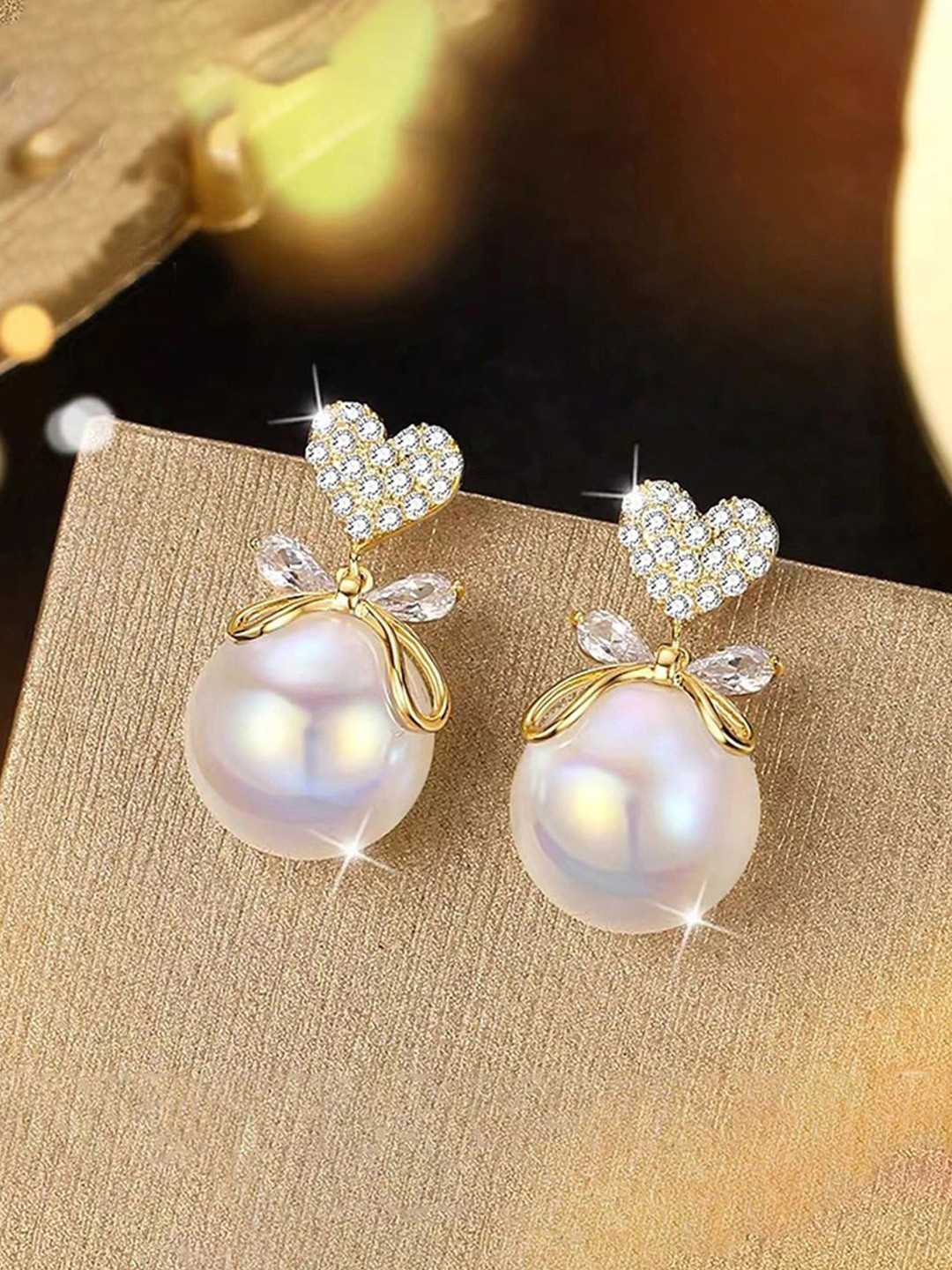 GOLDIWALA Gold-Plated Artificial Stones Studded & Pearls Beaded Korean Heart Drop Earrings