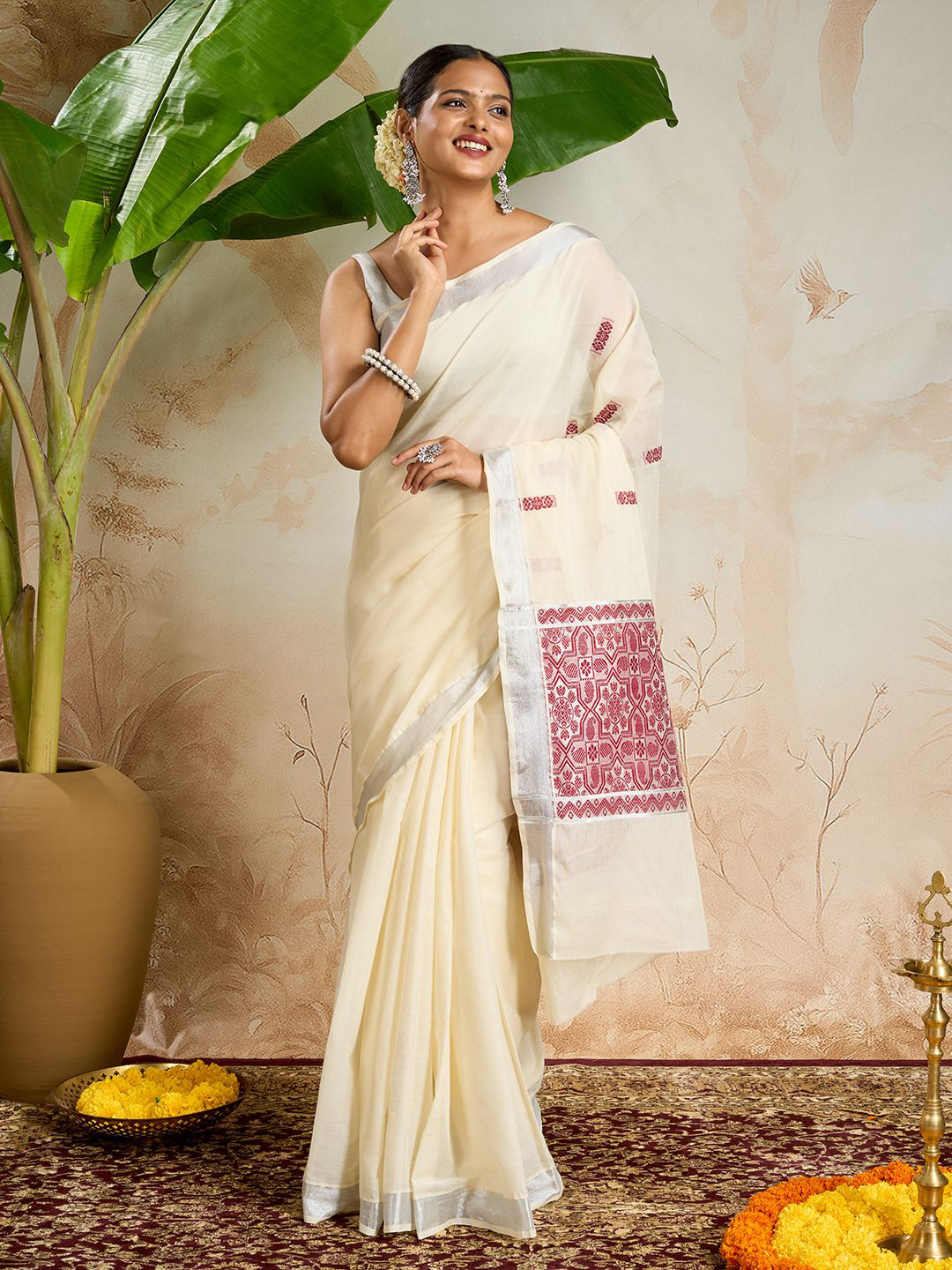 TEEJH Vahina Cotton Off White and Maroon Kasavu Saree
