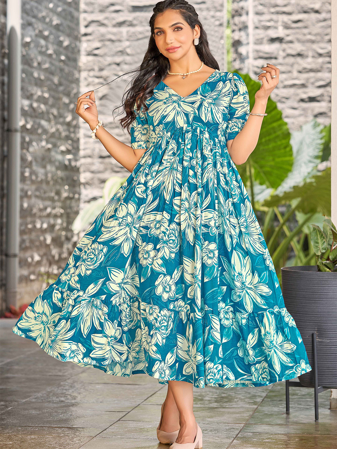 CHANSI Women Floral Printed Short Sleeve Maxi Dress