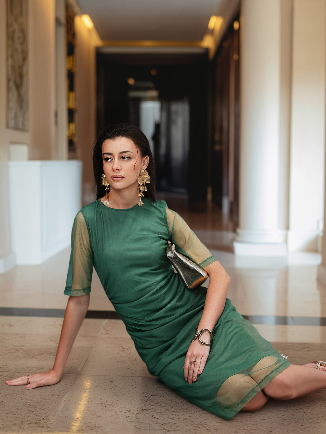 bebe Brighter Basics Ruched Net Sheath Midi Dress with Back Slit