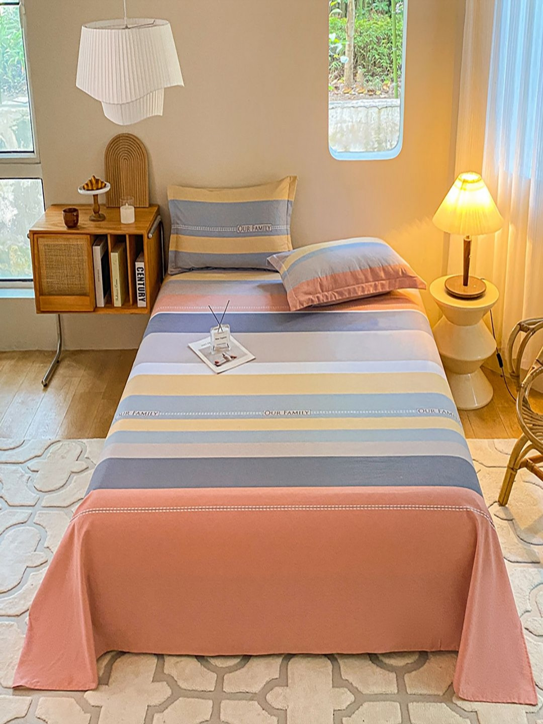 JC HOME Blue & Yellow Striped 220 TC Pure Cotton King Bedsheet - 2 m x 2.3 m