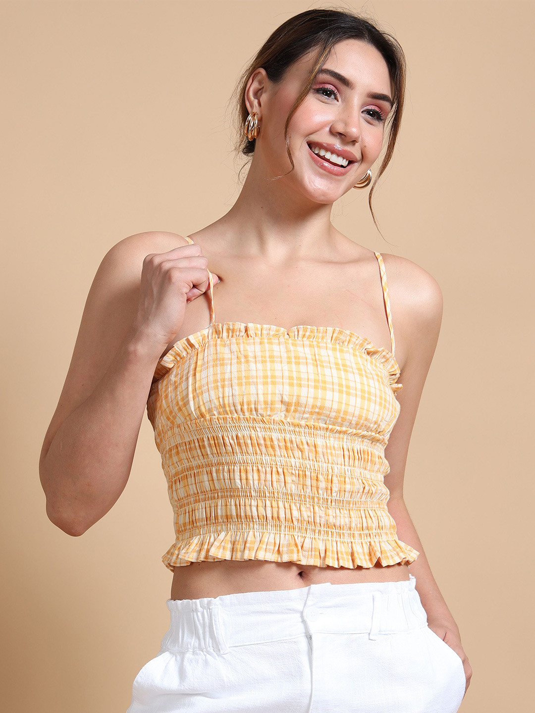 Glam & Chique Smocked Checkered Crop Top with Ruffled Hem & Spaghetti Straps