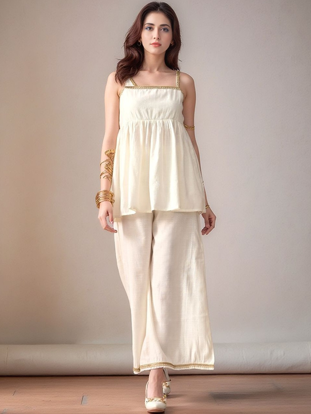 Here&Now Women Off White Silk Blend Peplum Top Palazzos Co-Ords Set