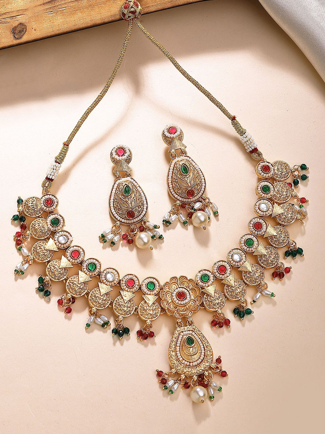 KARATCART Gold-Plated Red and Green Stone Floral Drop Jewellery with Earring Set