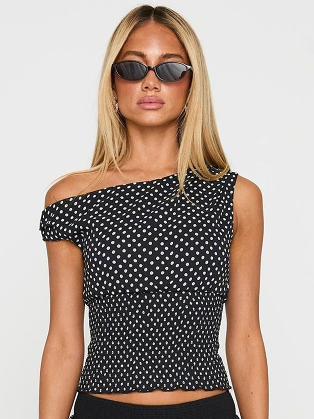 LULU & SKY Women Polka Dots One Shoulder Crop Top