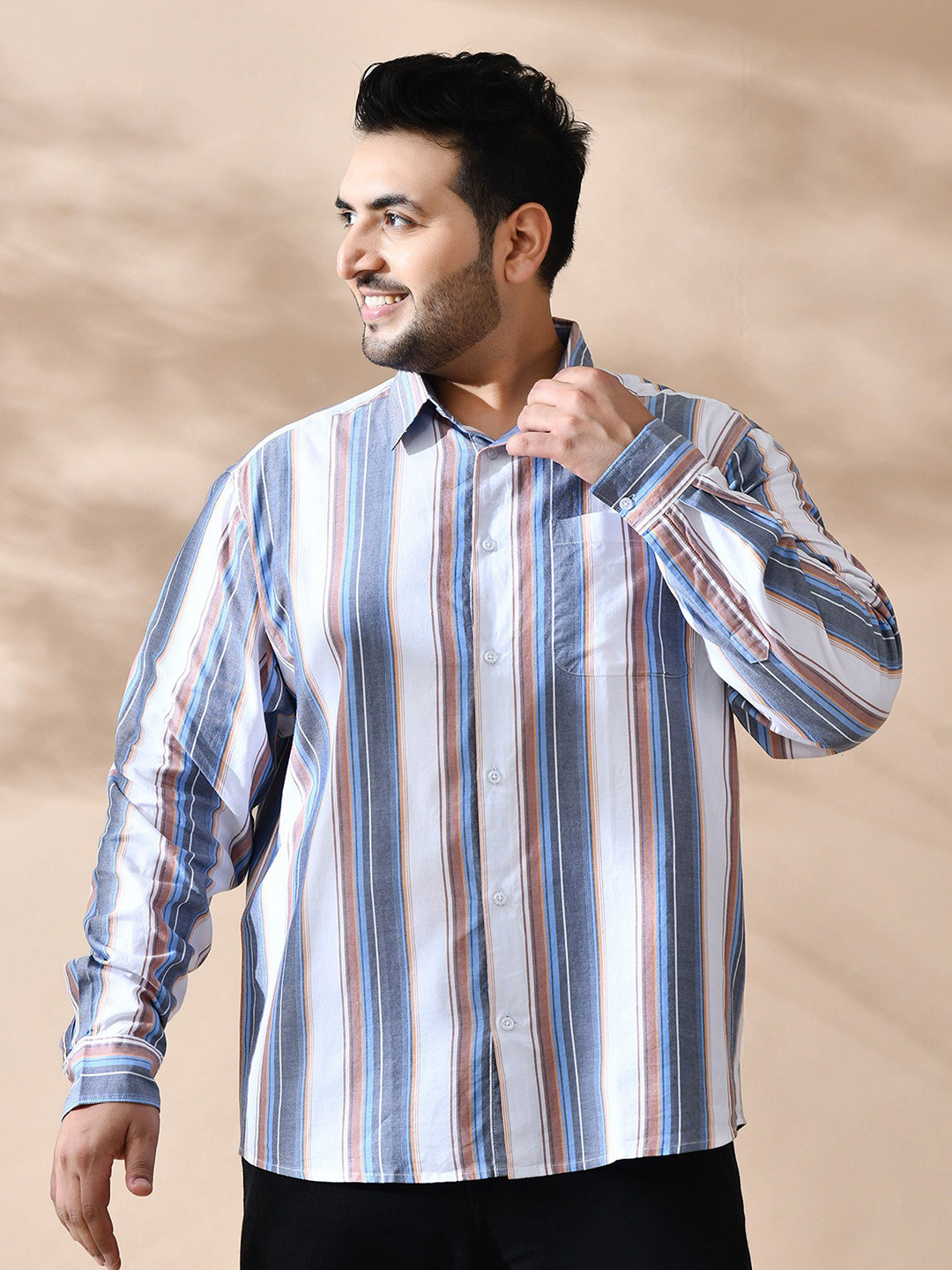 NEON CHILLIE Men Plus Size Vertical Striped Spread Collar Cotton Casual Shirt