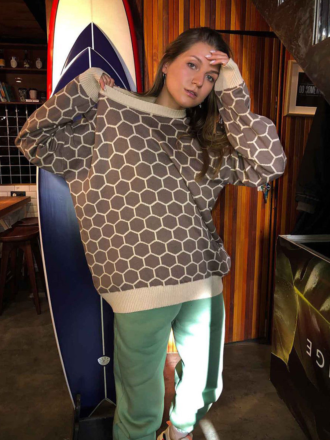 Outzidr Women Oversized Honey Comb Printed Sweater