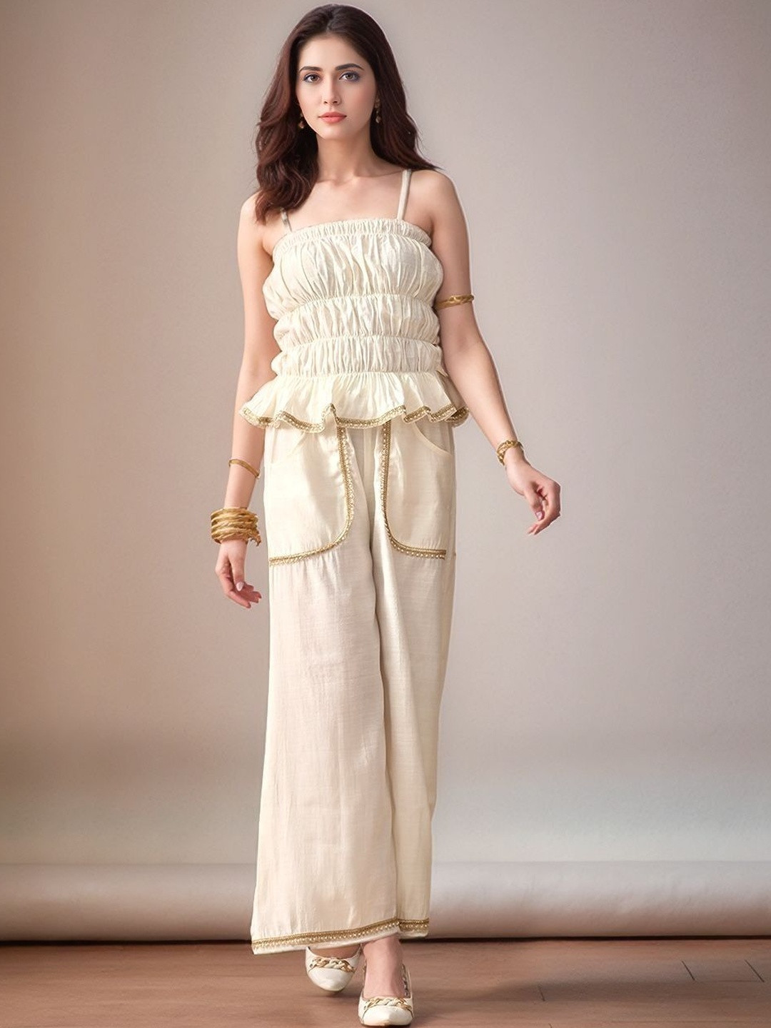 Here&Now Women White Embellished Silk Blend Tube Co-Ords