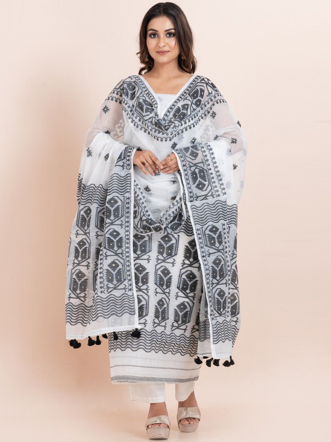 Durga Handlooms Jamdani Woven Design Zari Pure Cotton Unstitched Kurti Material with Dupatta