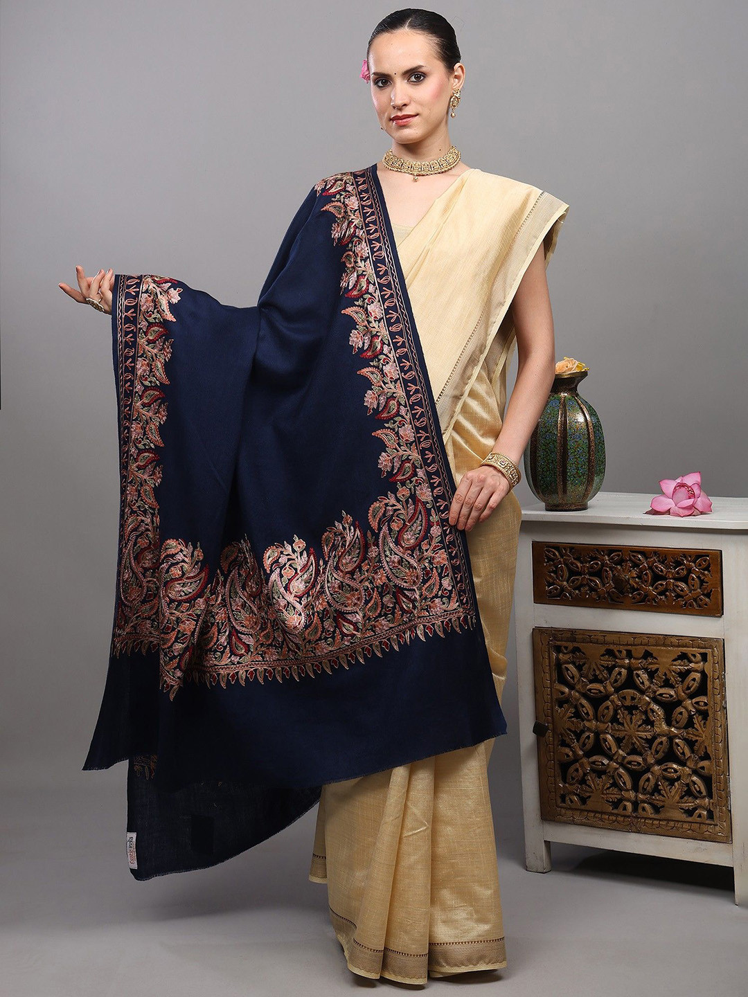 Exotic India Aari Embroidered Woollen Shawl From Amritsar With Paisleys Border