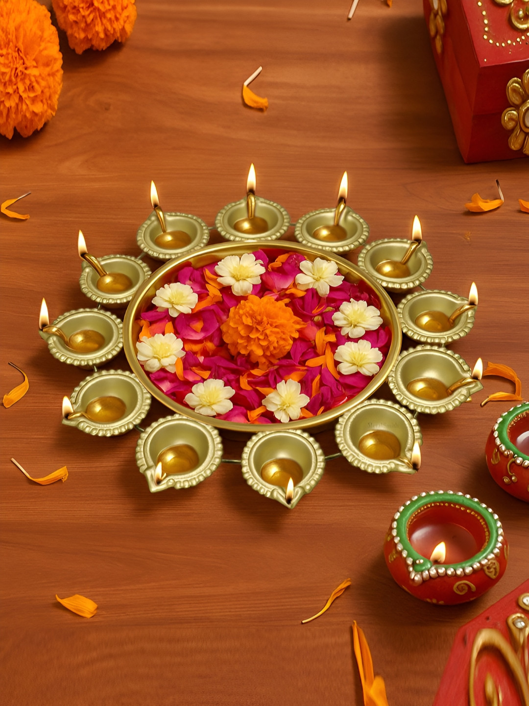 Metalsmith Gold-Toned Textured Metal Decorative Urli Bowl With 12 Attached Diya Holders