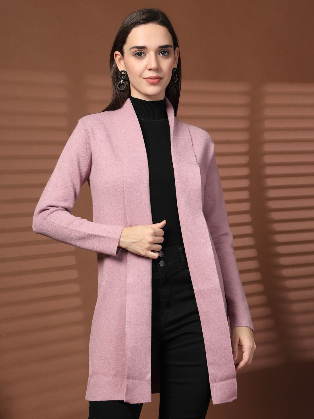 Thirty Threads V-Neck Open Front Longline Woolen Shrug