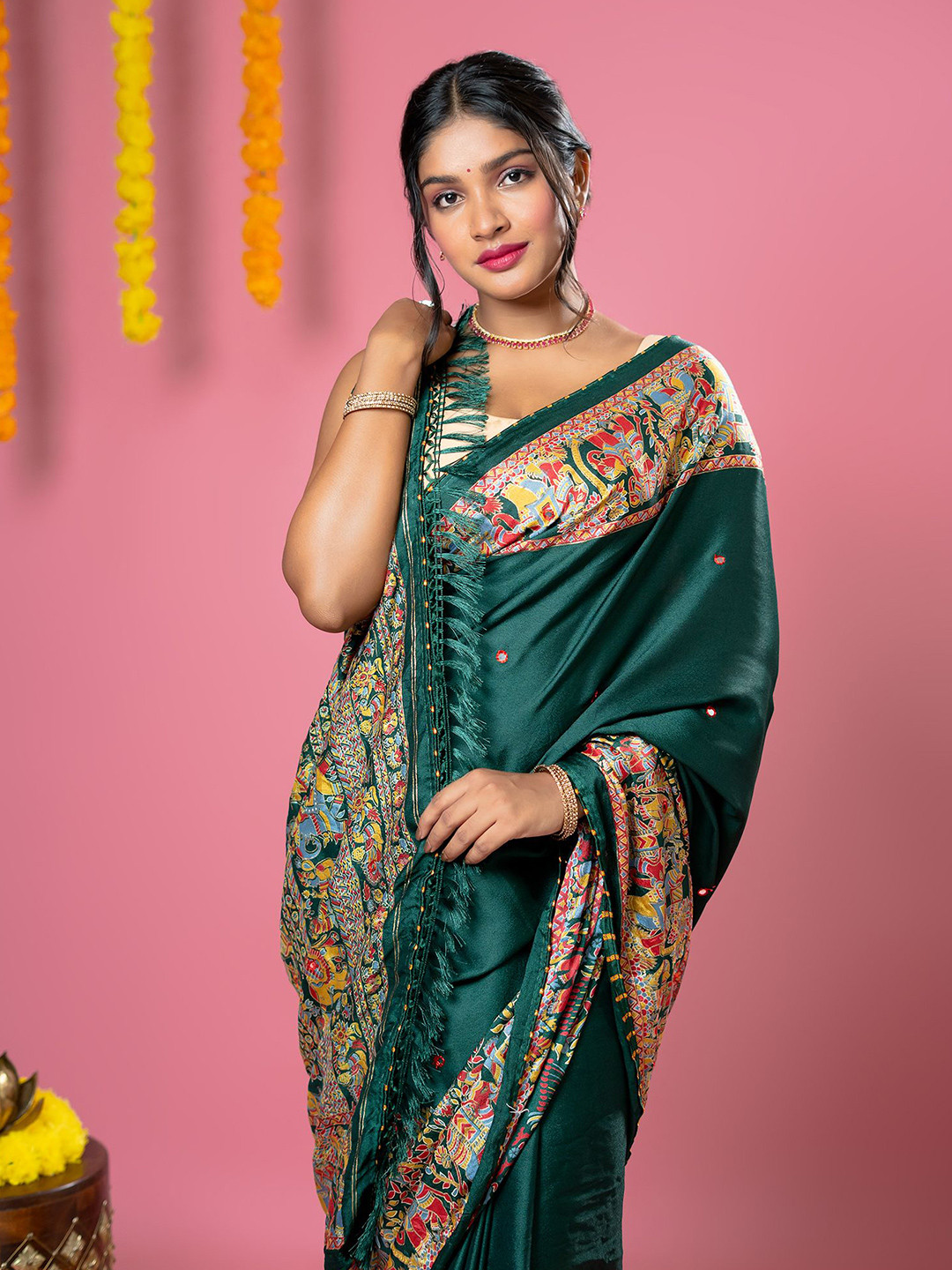 HELLA FASHIONS Kalamkari Printed Embroidered  Saree