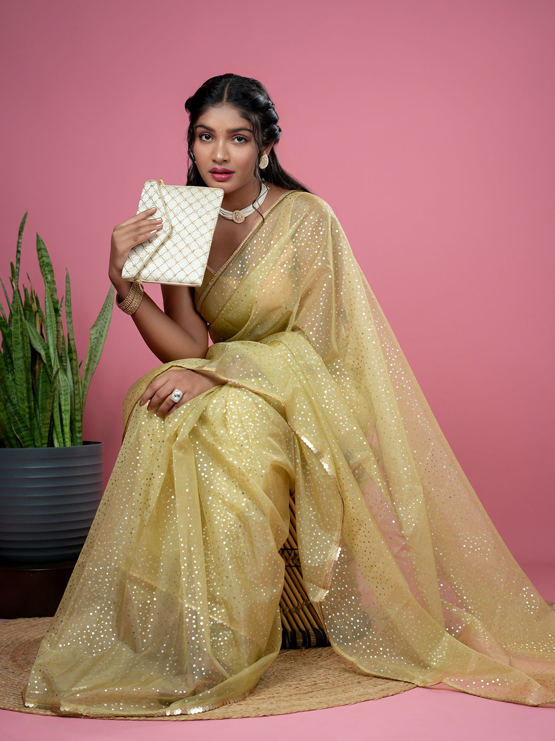 HELLA FASHIONS Embellished Gotta Patti Tissue Ready To Wear Saree