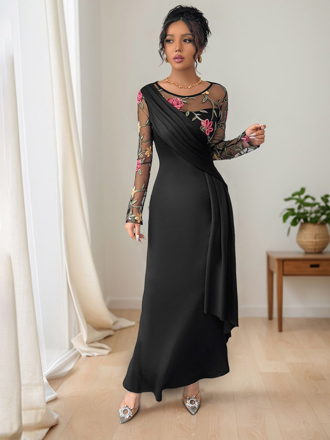 JC Mode Women Embroidered Draped Maxi Dress