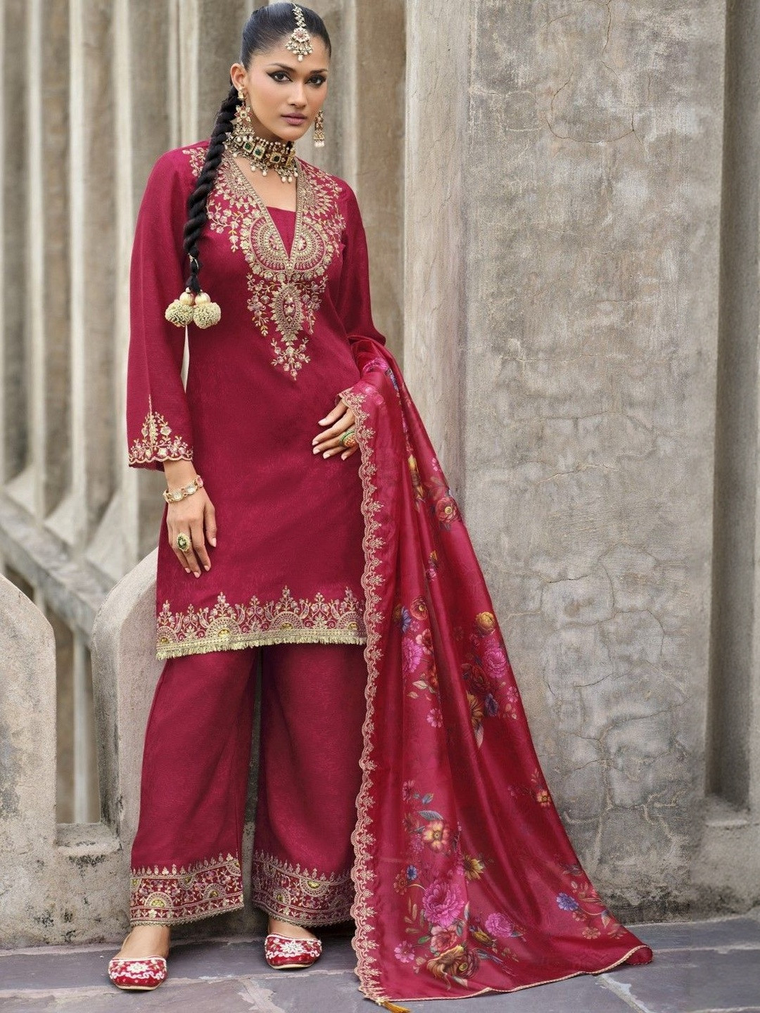 AUTUMN LANE Mrinal Rose Floral Yoke Design Pure Cotton Kurta with Palazzos & Dupatta