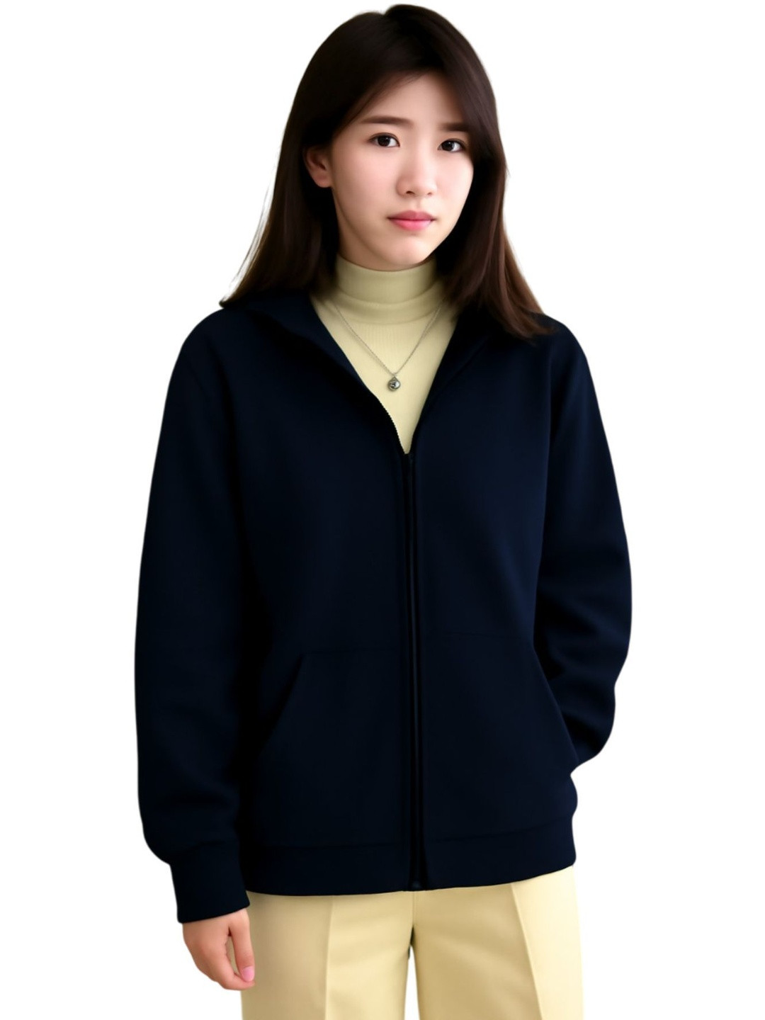 SZN Women Fleece Navy Blue Solid Hooded Open Front Jacket