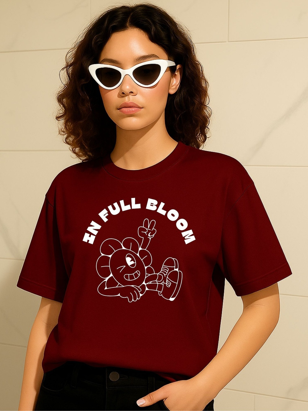 PVC RAIMENTS Women Maroon Printed Drop Shoulder Oversized T-Shirt