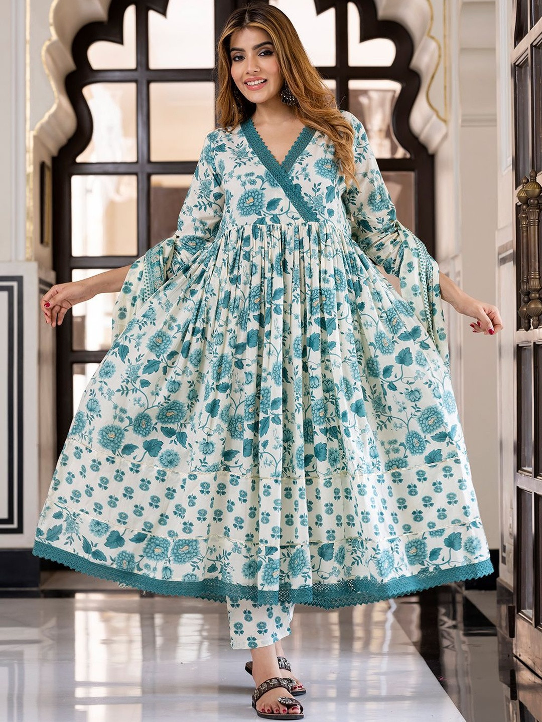 KALINI Women Teal Green And Cream Pure Cotton 3/4 Sleeves Anarkali Kurta Trouser Dupatta Set