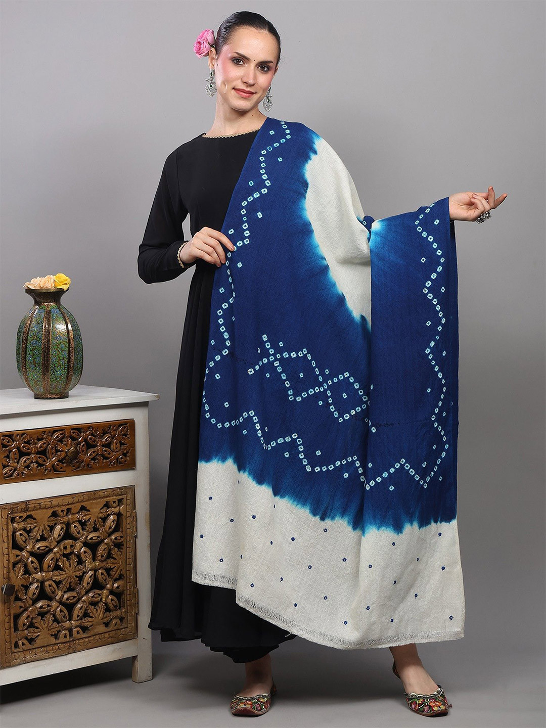 Exotic India Bandhani Tie-Dye Pure Wool Shawl With Mirror Embroidered Palla From Gujarat