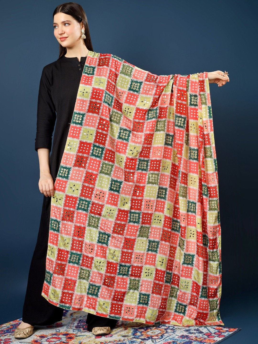 A R SILK DUPATTA HUB Bandhani Printed Mirror Work Silk Dupatta