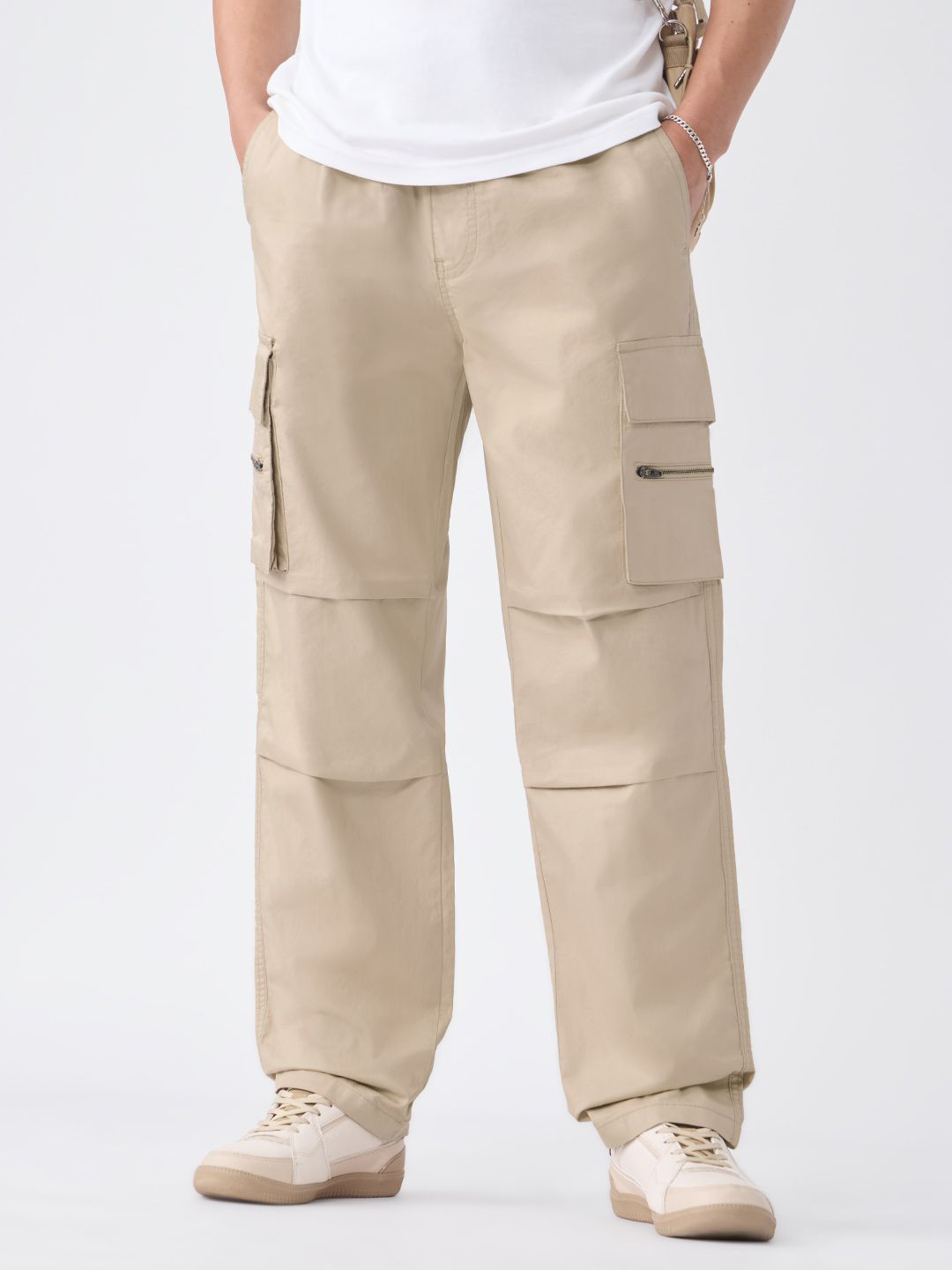 The Souled Store Men Creamy Beige Cargo Pants