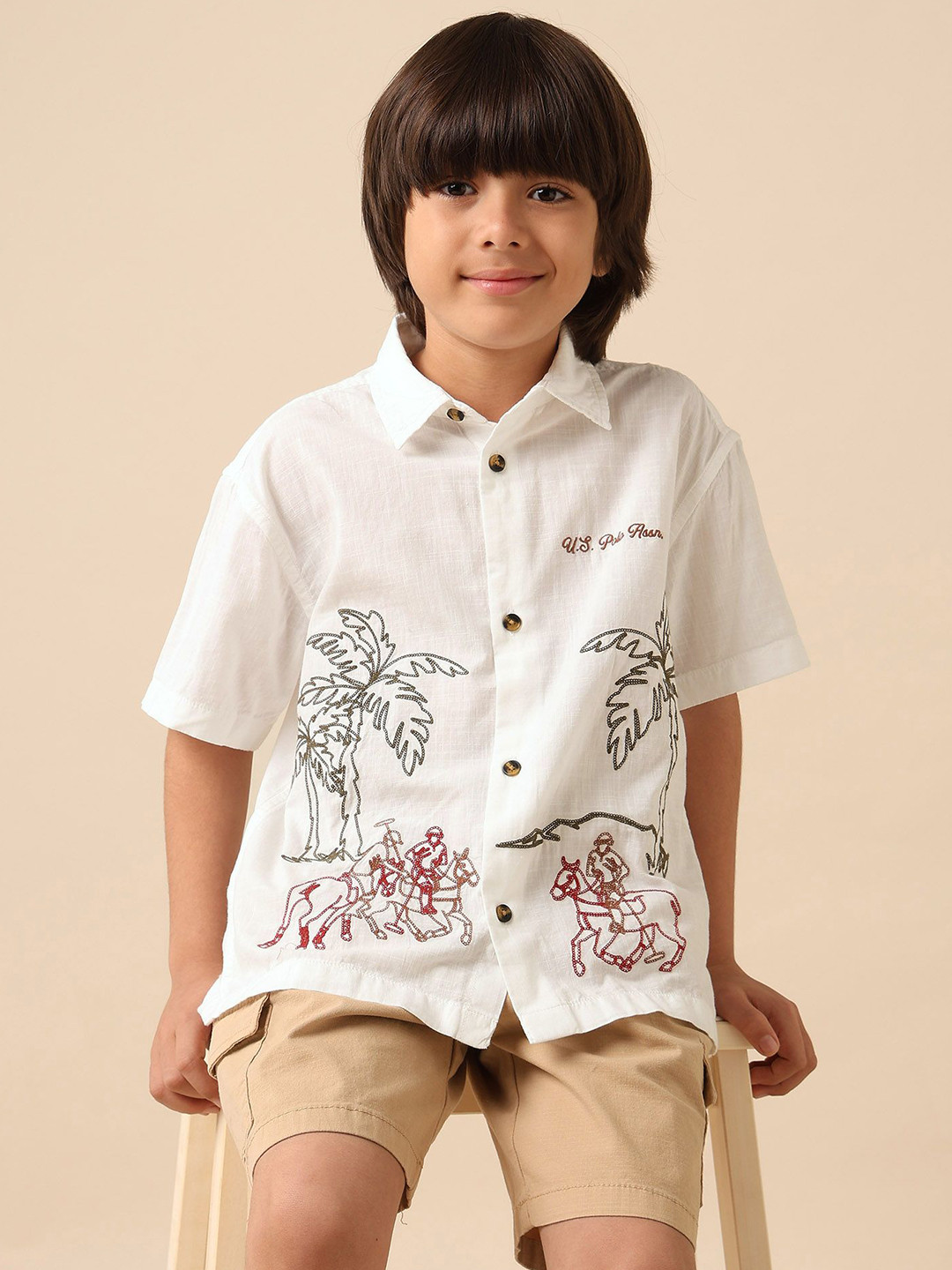 U.S. Polo Assn. Kids Boys Boxy Fit Graphic Printed Spread Collar Pure Cotton Casual Shirt