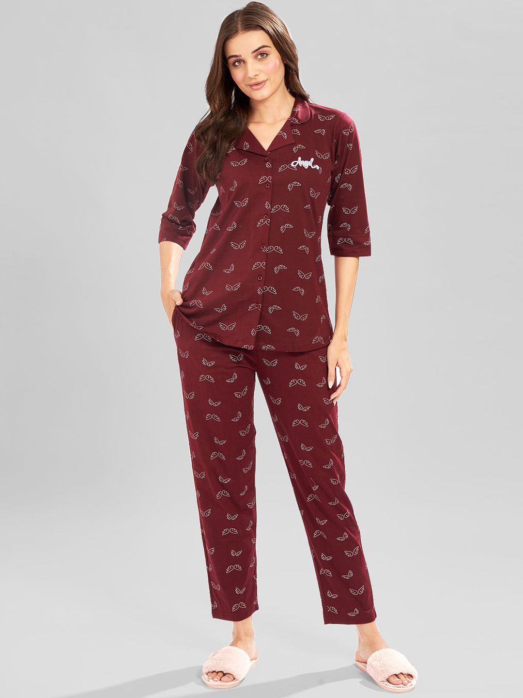 AV2 Women Printed Lapel Collar Pure Cotton Night suit