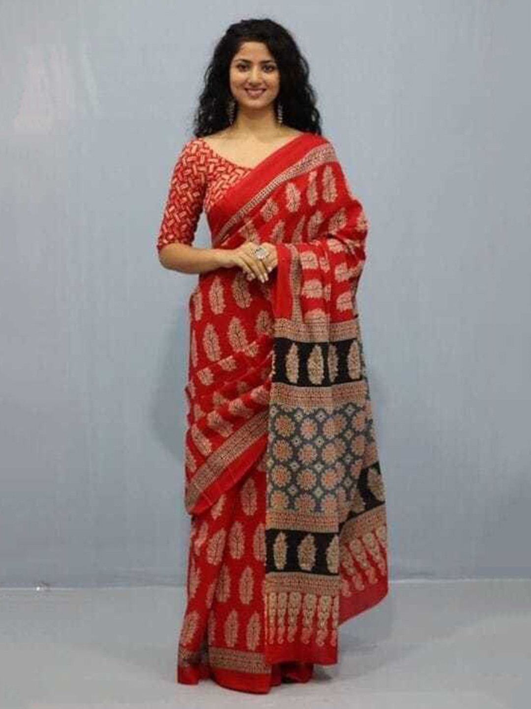 Craft Musium Batik Pure Cotton Block Print Saree With Blouse