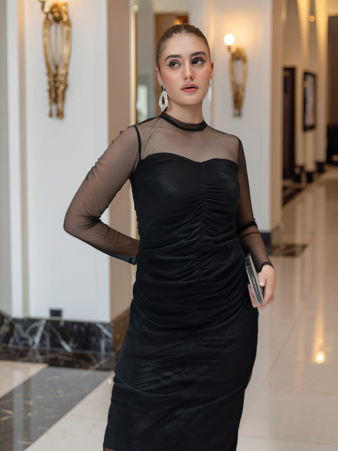 bebe Future Glam Semi-Sheer Ruched Midi Dress