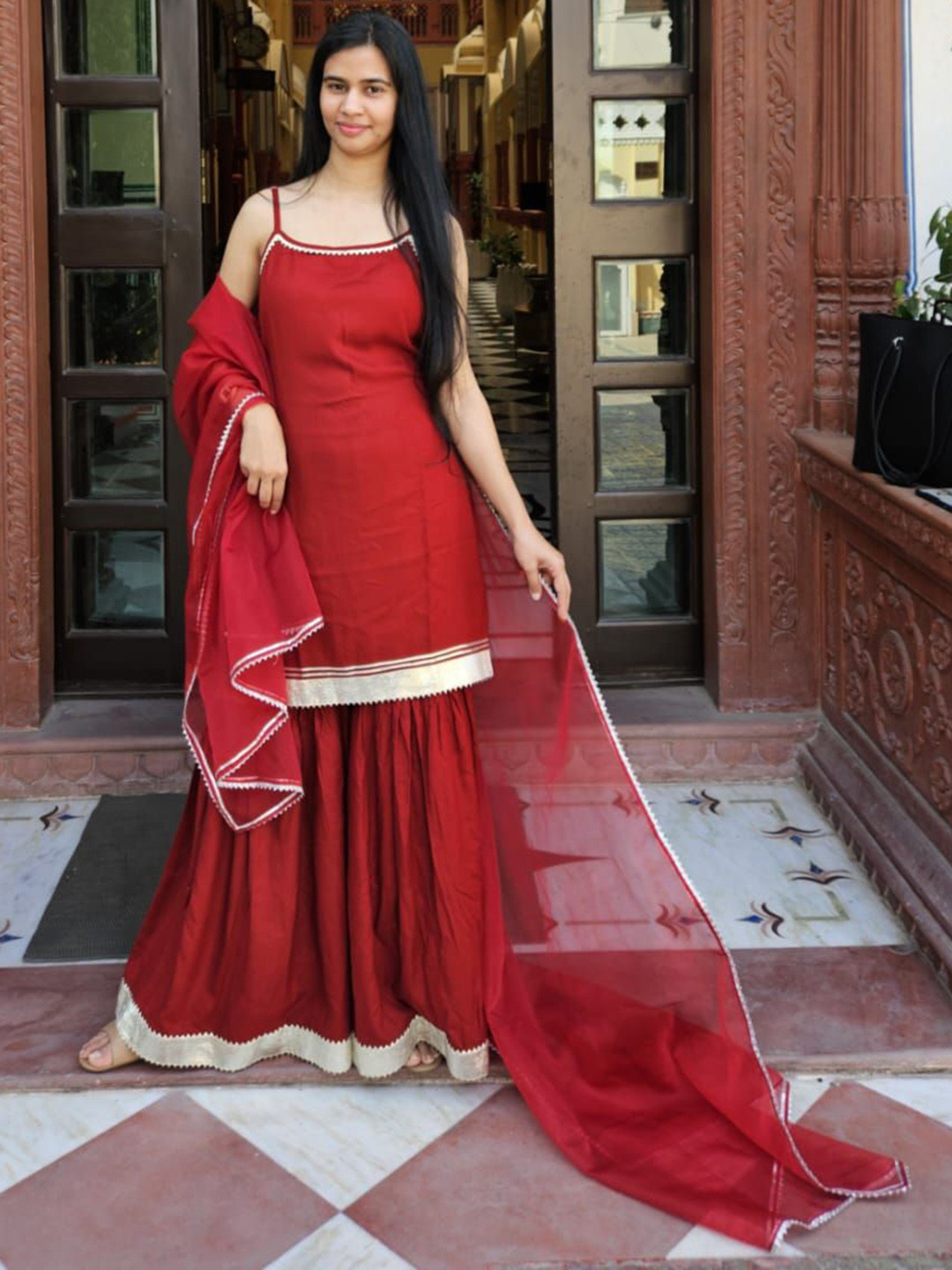 JAGRON Women Shoulder Straps Regular Straight Kurta with Sharara & Dupatta