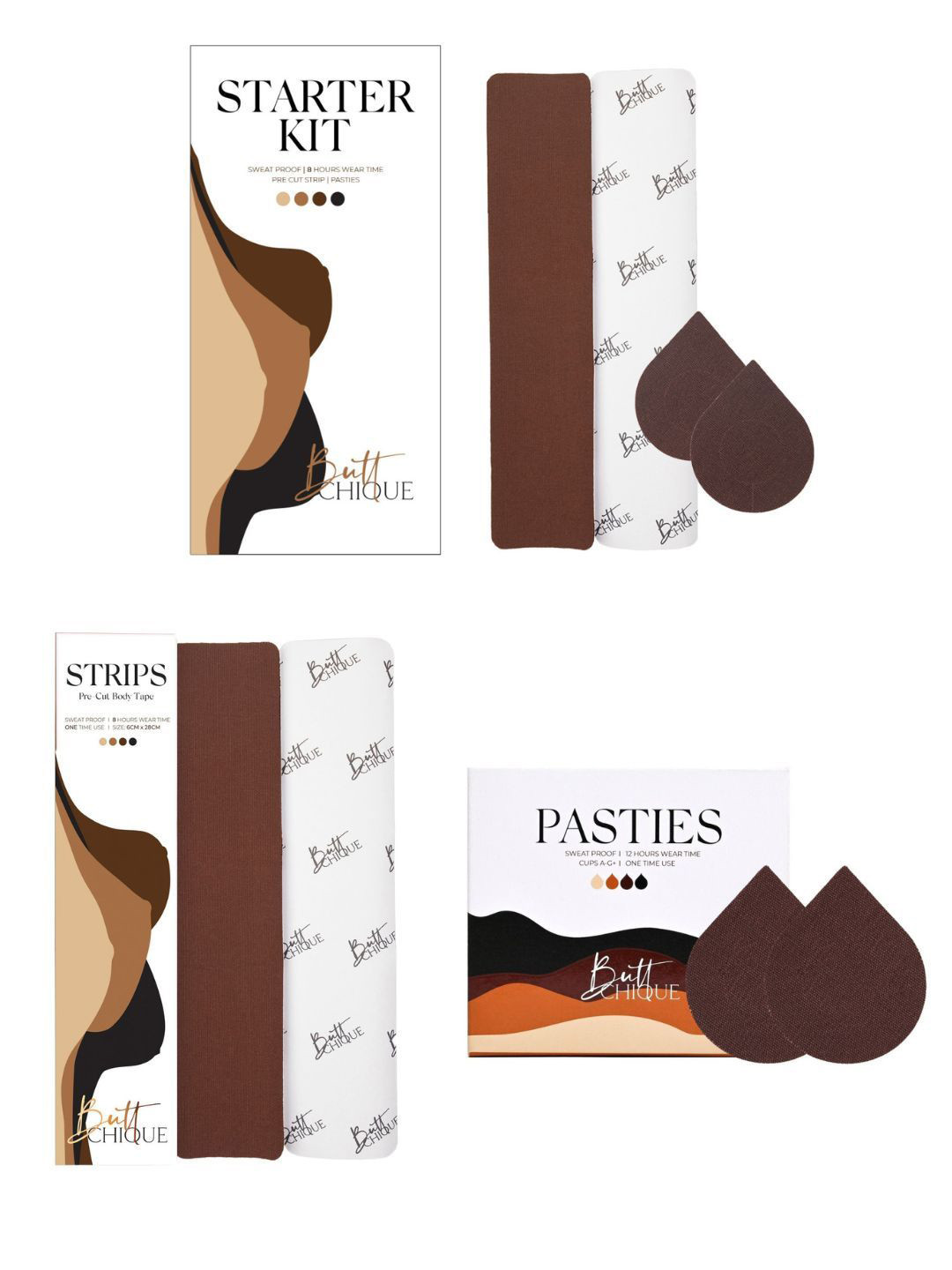 Butt-Chique Sweat Proof 4 Pcs Pasties 2 Pcs Pre-Cut Strips with Starter Kit