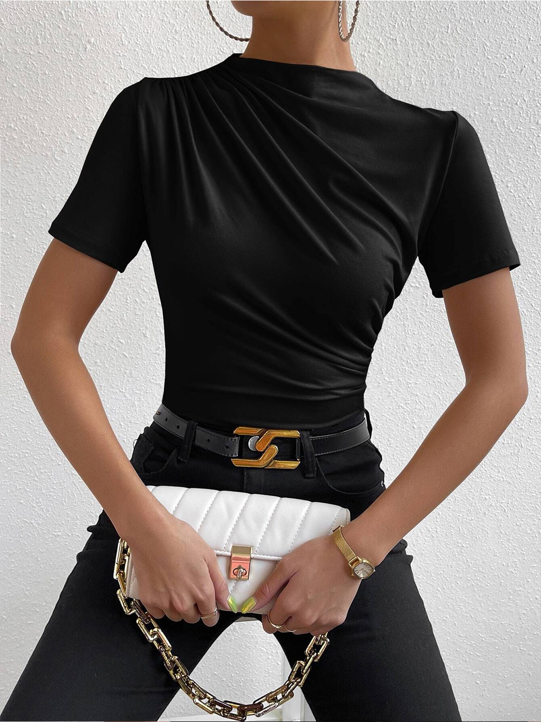 Outzidr Women Round Neck Ruched Knit Top