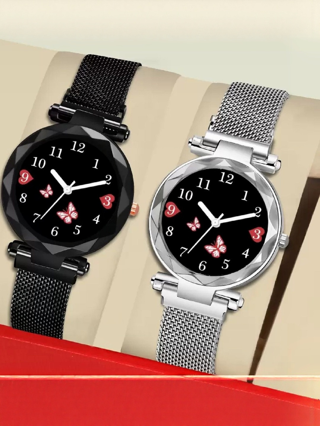 SZN Women Pack Of 2 Silver & Black Stainless Steel Dial & Leather Straps Analogue Watches