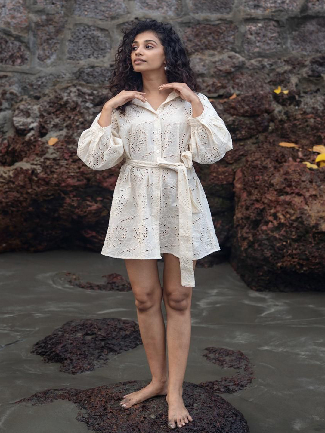 RAAS LIFE Self Design Shirt Collar Cuffed Sleeves Shirt Mini Dress