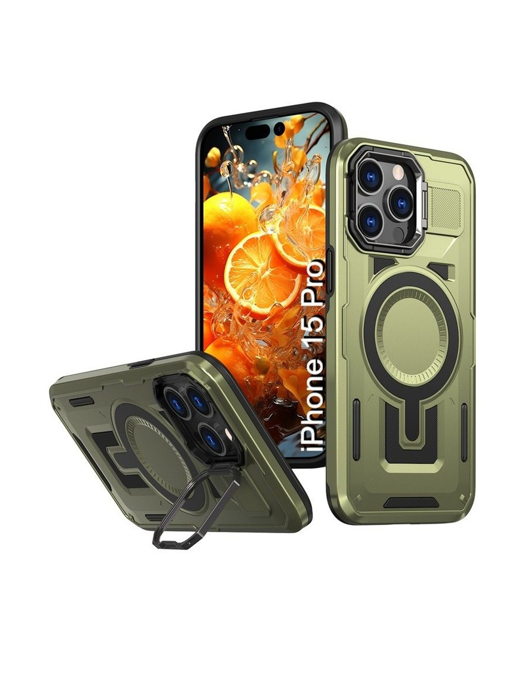 Luxury Kase Solid iPhone 15 Pro Rugged Shockproof Magnetic Case with Kickstand