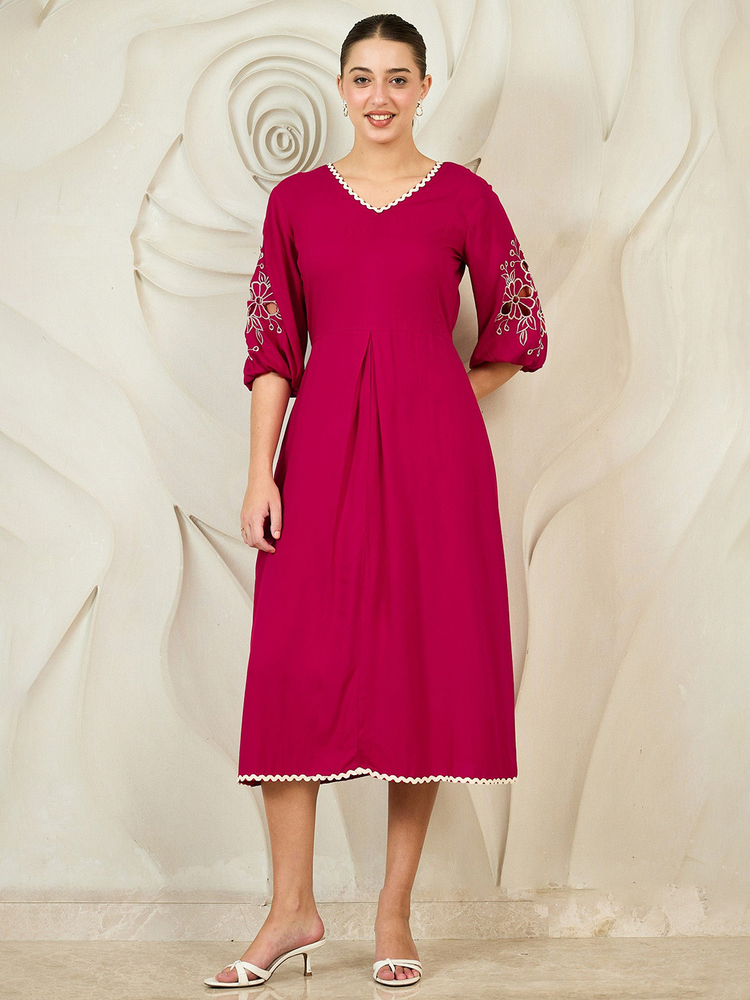 Boho By Athena Puff Sleeves Fit & Flare Midi Dress